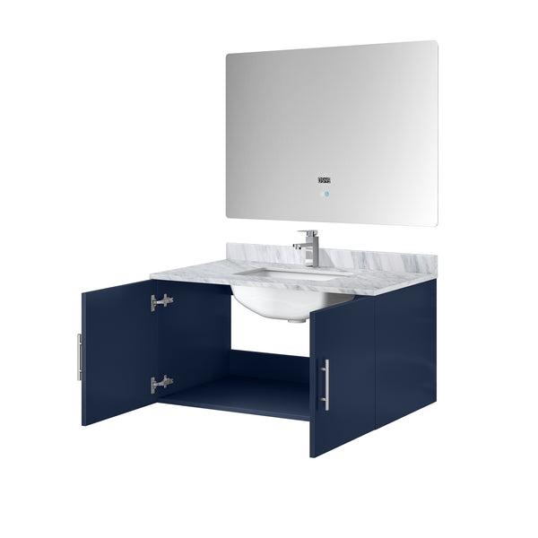 English Elm Navy Blue Bath Vanity Set With Carrara Marble Top, Chrome Faucet & 36" Led Mirror For Modern Elegance B2731S01312