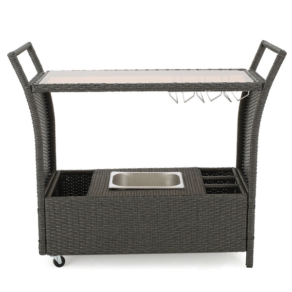 English Elm Christopher Knight Home® - PE Rattan KD Bar Cart Grey with Wheels, Tempered Glass Top, Removable Ice Bucket, Durable Aluminum Frame 56579.00GRY