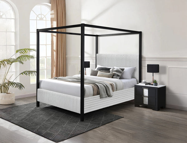 English Elm 1pc Modern Queen LED Faux Leather Upholstery Panel Bed with Tufted Headboard, Textured Footboard Glam Finish Light Gray 86.5 L x 11.5 W x 5.5 H B2741S00540