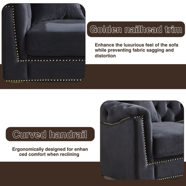 English Elm {video] Tufted Black Velvet Chesterfield Sofa with Gold Studs Three Seat Living Room Black+Blue W1926S00097