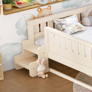 English Elm Queen Bunk Bed with Trundle Solid Pine Kids Car Themed Frame Built-in Bookshelf Beige W1580S00562