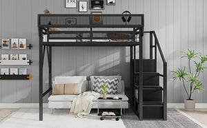 English Elm Full Size Loft Bed With Stairs And Storage Shelves – Stylish Black Metal High Loft Bed For Kids & Teens W2580S00037
