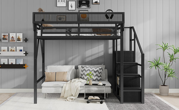 English Elm Full Size Loft Bed With Stairs And Storage Shelves – Stylish Black Metal High Loft Bed For Kids & Teens W2580S00037