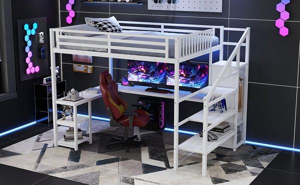 English Elm Metal Queen Loft Bed with Wardrobe, LED Light, L-Shaped Desk and USB Ports for Space-Saving Rooms White 65.75 L x 17.52 W x 6.3 H W2593S00039