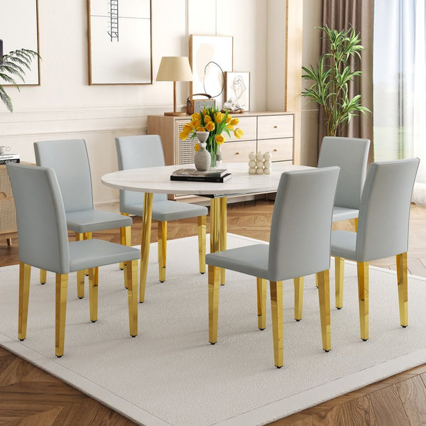 English Elm Table and Chair Set Extendable Mdf Round Oval Dining with 6 Gray Pu Seats W1151S04832
