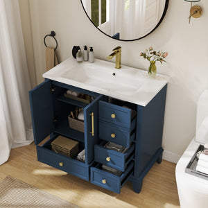English Elm 35.6" Freestanding Bathroom Vanity with Roman Column Base and Ceramic Integrated Sink Blue W1801S00002