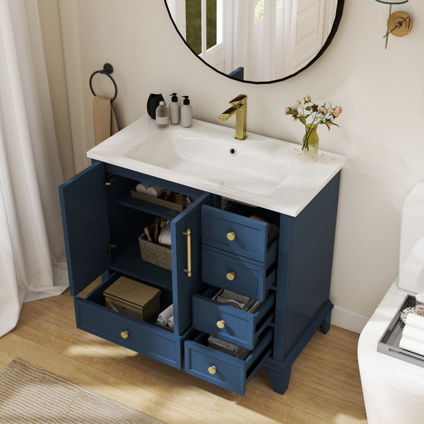 English Elm 35.6" Freestanding Bathroom Vanity with Roman Column Base and Ceramic Integrated Sink Blue W1801S00002