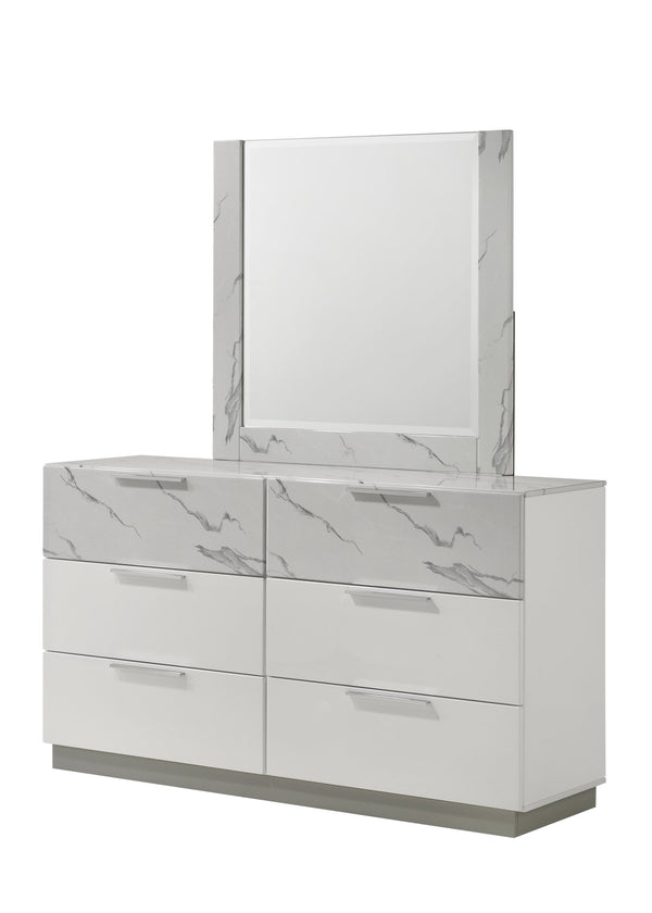 English Elm Mist Queen 4-Piece Bedroom Set – Chic Two-Tone High-Gloss Marble & Led Illuminated Finish White B009S01744