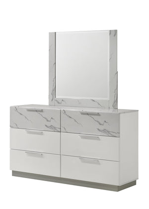 English Elm Mist Dresser White – Two-Tone High-Gloss Marble-Look & Lacquer Finish, 6 Spacious Drawers, Velvet-Lined Top (Contemporary Luxury) B009P309326