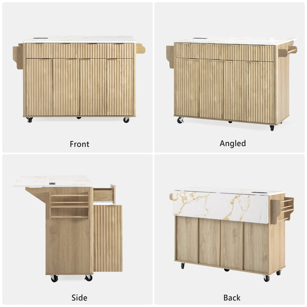 English Elm K&k Fluted Rolling Kitchen Island Faux Marble Top Power Outlet Storage Drawers Natural N707P353945Y