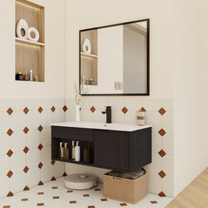 English Elm 36" Floating Bathroom Vanity Dark Oak Ceramic Sink Open Shelf Soft Close Storage W3450P435874