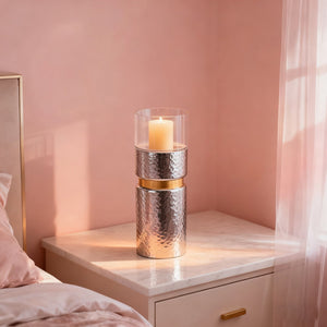 English Elm D5.9x15.2" Hammered Halloway Silver Candle Holder with Gold Stripe & Glass Top — Elegant Accent Piece W2078P390753