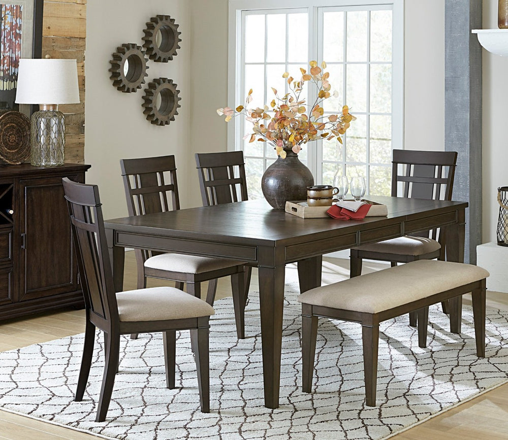 English Elm Dark Brown Oak Veneer Expandable Dining Set with Bench Beige Upholstered Chairs B011S00986