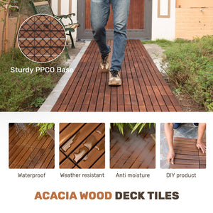 English Elm 30 Interlocking Deck Tiles 12" Square Acacia Hardwood Striped Outdoor Flooring Waterproof DIY Brown W2391P276690