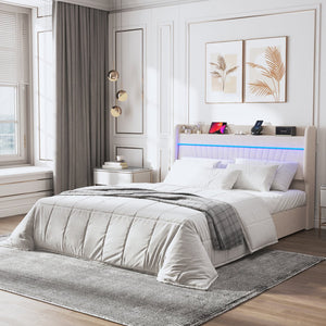 English Elm Queen Velvet Upholstered Bed Frame with USB Charging, Color-Changing LED Lights & 4 Drawer Storage Beige W636S00007