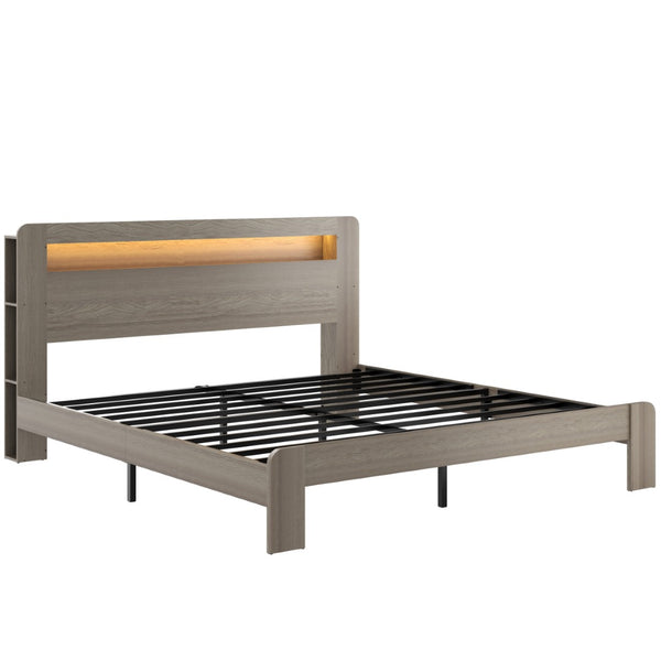 English Elm Bed King Platform Frame with Led Headboard Usb Charging Open Shelf Dark Grey Wood W636P379102