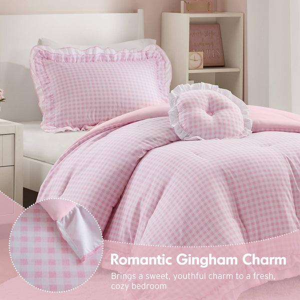 English Elm 3-piece Cottage Gingham Comforter Set with Ruffle Trim and Round Throw Pillow Pink B035P463187