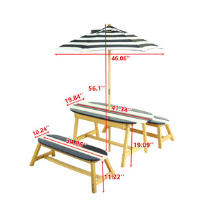 English Elm Naturally Kids Picnic Table with Umbrella - Blue/White Stripe Poplar Wood Set, Indoor Outdoor Fun W495P316196