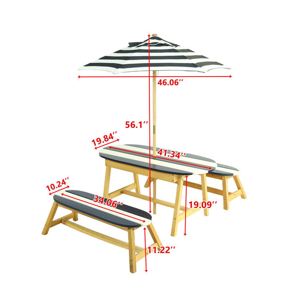 English Elm Naturally Kids Picnic Table with Umbrella - Blue/White Stripe Poplar Wood Set, Indoor Outdoor Fun W495P316196