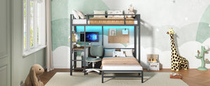 English Elm Bunk Bed Steel Frame with Rgb Lighting Charging Station Drawers and Folding Desk W1820P420816
