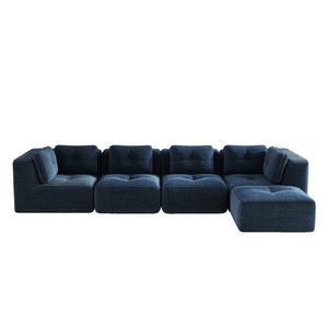 English Elm Modern Corduroy Sectional Sofa with Tufted Cushions Deep Seat and Movable Ottoman Blue W714S01805