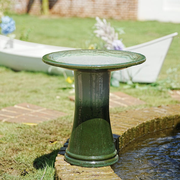 English Elm 17'' Handcrafted Ceramic Pedestal Bird Bath Glazed Ombre Swirl Garden Accent Piece Grass Green W3273P371885