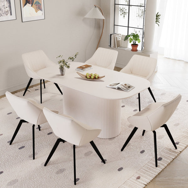English Elm 63" Cream Mdf Dining Table Set With 6 Beige Pu Chairs & Black Metal Legs – Modern Mid-Century Style W2189S00681