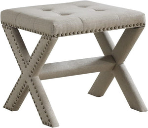 English Elm Linen Small Accent Bench with Tufted Seat and Nailhead Trim, Wood X-Leg Entryway Seating, Stylish Natural 20 L x 19 W x 7 H B011P357492