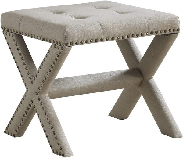 English Elm Linen Small Accent Bench with Tufted Seat and Nailhead Trim, Wood X-Leg Entryway Seating, Stylish Natural 20 L x 19 W x 7 H B011P357492