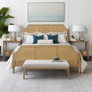 English Elm Woven Cane Queen Platform Bedframe with Toasted Almond Wood, 500 lb Capacity, 6" Clearance, 14 Slats B035S00061