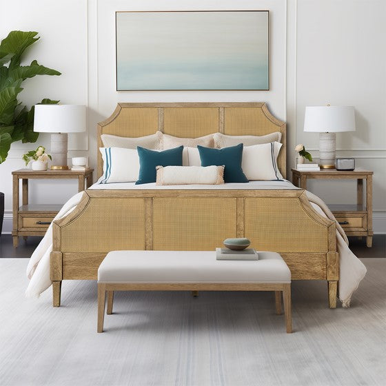 English Elm Woven Cane Queen Platform Bedframe with Toasted Almond Wood, 500 lb Capacity, 6" Clearance, 14 Slats B035S00061