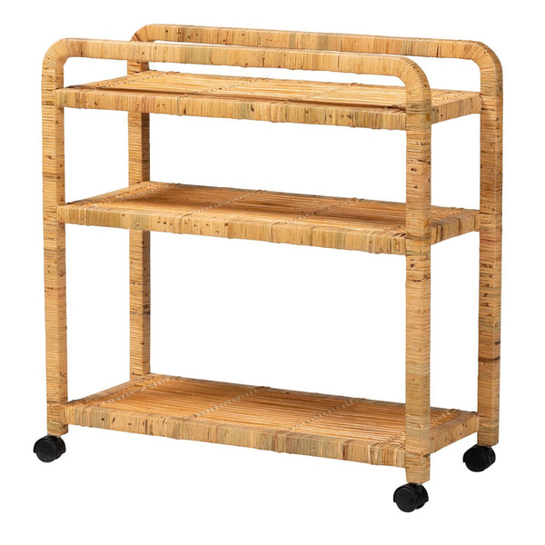 English Elm Modern Rattan Woven Kitchen Cart with Three Open Shelves and Rolling Caster Base B2750P467695