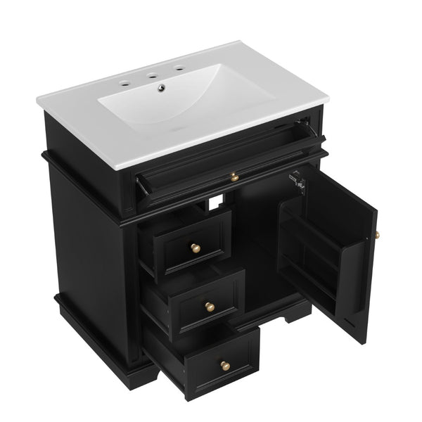 English Elm 30" Freestanding Bathroom Vanity Acacia Wood Matte Black Finish Gold Knobs Ceramic Sink N759P227429B