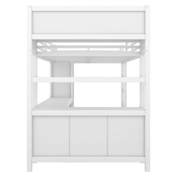 English Elm Full Size Car Shaped Kids Platform Bed with Storage Drawers Integrated Desk Pine Wood White W1580S00591