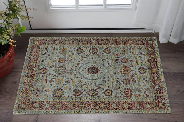 HomeRoots 10' Stunning Blue and Green Oriental Power Loom Area Rug – Durable, Stain-Resistant, Timeless Style 3' x 5' 510000