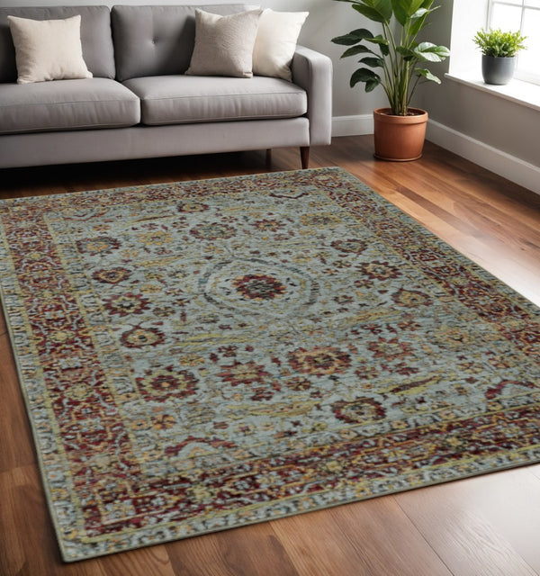 HomeRoots 10' Stunning Blue and Green Oriental Power Loom Area Rug – Durable, Stain-Resistant, Timeless Style 5' X 7' 510001