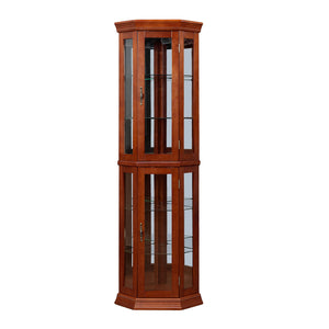 English Elm Corner Curio Cabinet Lighted Display with Mirrored Back, Adjustable Tempered Glass Shelves, Walnut W1693111239