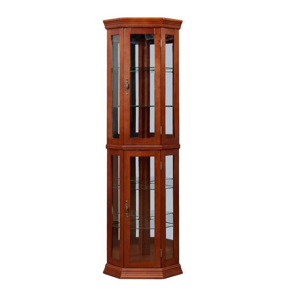 English Elm Corner Curio Cabinet Lighted Display with Mirrored Back, Adjustable Tempered Glass Shelves, Walnut W1693111239