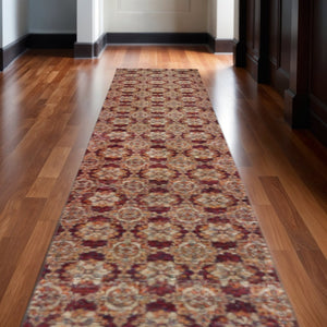 HomeRoots 10' Elegant Red and Gold Oriental Area Rug - Timeless Design, Durable, Stain Resistant for Homes Red/ Gold 2'6" x 12' 510024