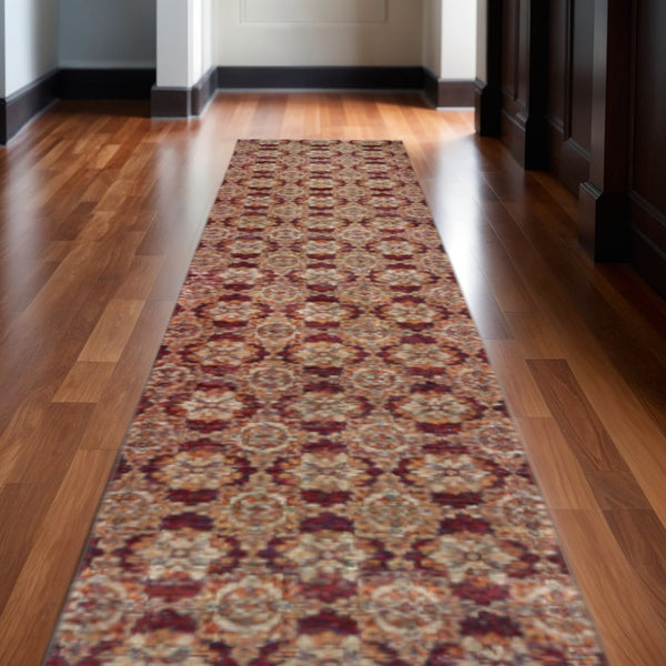 HomeRoots 10' Elegant Red and Gold Oriental Area Rug - Timeless Design, Durable, Stain Resistant for Homes Red/ Gold 2'6" x 12' 510024