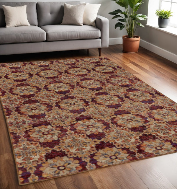 HomeRoots 10' Elegant Red and Gold Oriental Area Rug - Timeless Design, Durable, Stain Resistant for Homes 5' X 7' 510026