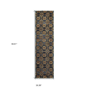 Homeroots 8' Runner Blue And Gold Oriental Power Loom Runner Rug Blue,Gold Other Material 510032