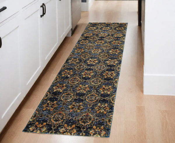 Homeroots 8' Runner Blue And Gold Oriental Power Loom Runner Rug Blue,Gold Other Material 510032