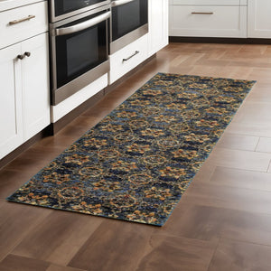 HomeRoots 10' Elegant Red and Gold Oriental Area Rug - Timeless Design, Durable, Stain Resistant for Homes Blue/ Gold 2'3" x 8' 510032