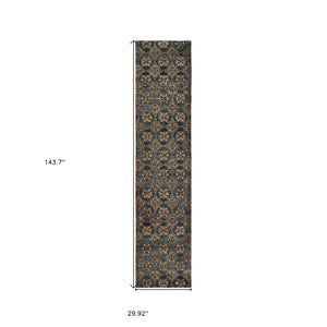Homeroots 12' Runner Blue And Gold Oriental Power Loom Runner Rug Blue,Gold Other Material 510033
