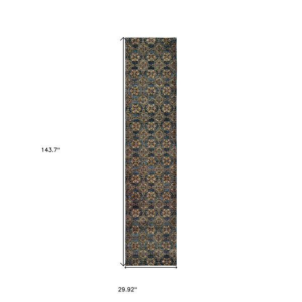 Homeroots 12' Runner Blue And Gold Oriental Power Loom Runner Rug Blue,Gold Other Material 510033