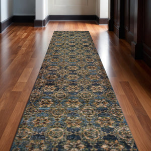 HomeRoots 10' Elegant Red and Gold Oriental Area Rug - Timeless Design, Durable, Stain Resistant for Homes Blue/ Gold 2'6" x 12' 510033