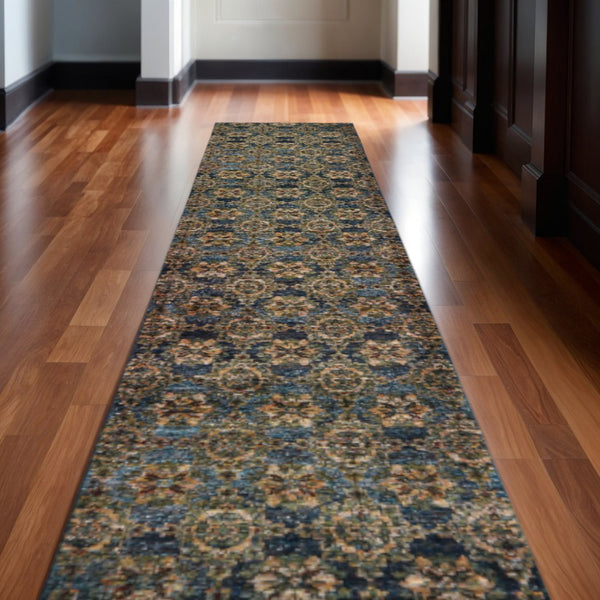 HomeRoots 10' Elegant Red and Gold Oriental Area Rug - Timeless Design, Durable, Stain Resistant for Homes Blue/ Gold 2'6" x 12' 510033
