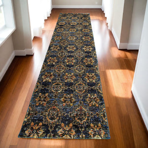 Homeroots 12' Runner Blue And Gold Oriental Power Loom Runner Rug Blue,Gold Other Material 510033