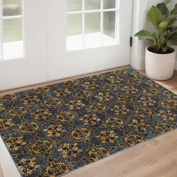 Homeroots 3' X 5' Blue And Gold Oriental Power Loom Area Rug Blue,Gold Other Material 510034